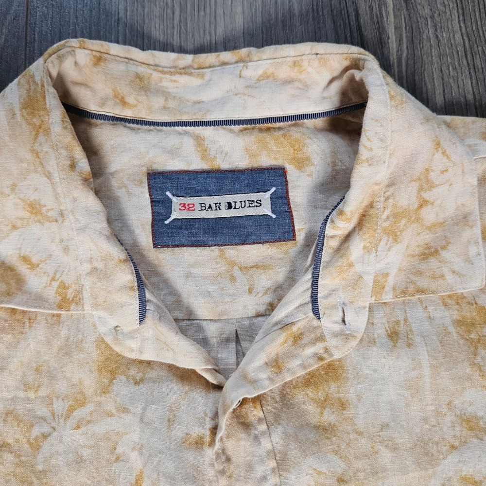 32 Bar Blues Mens Short Sleeve Linen Palm Print Button Down Shirt Tan Cream L - Picture 5 of 10